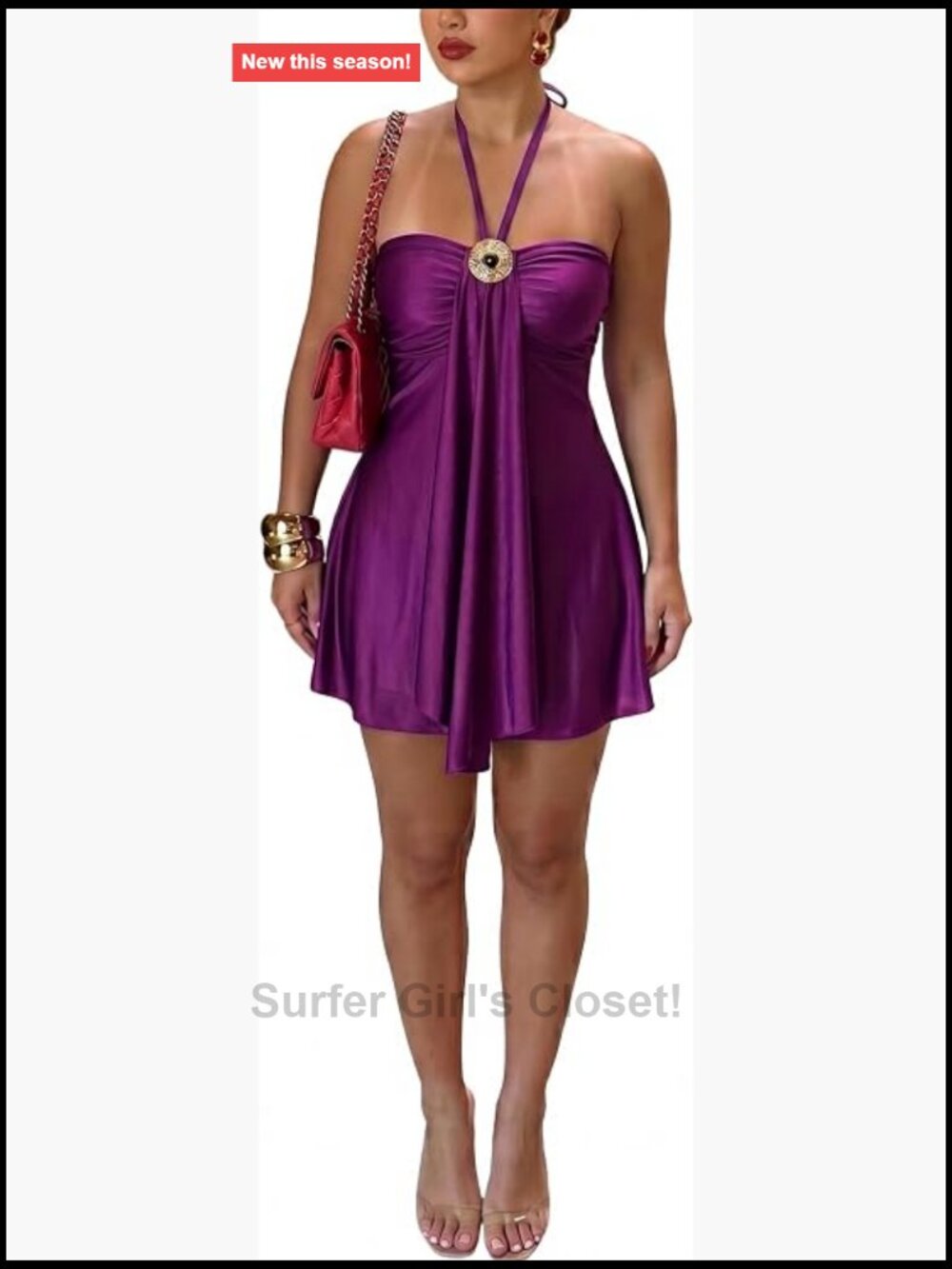 Satin Halter Mini Dress Backless Ruched A-Line Flowly Club Party